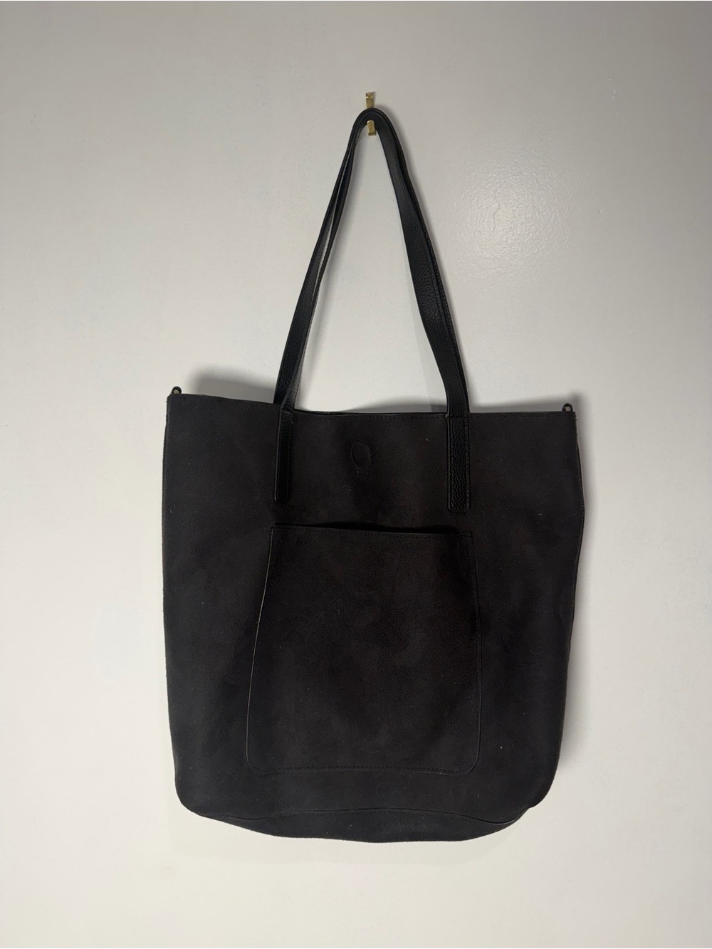 Everyday Black Suede Tote Bag with Front Pocket